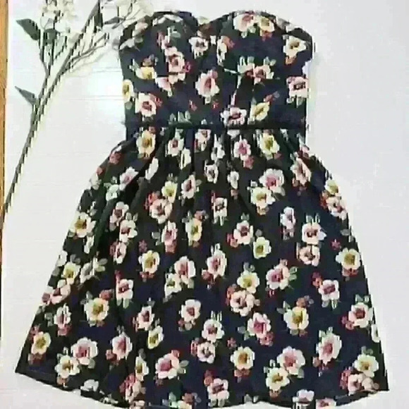 AEO Navy Floral Strapless Dress Fringe Lace - Picture 1 of 6